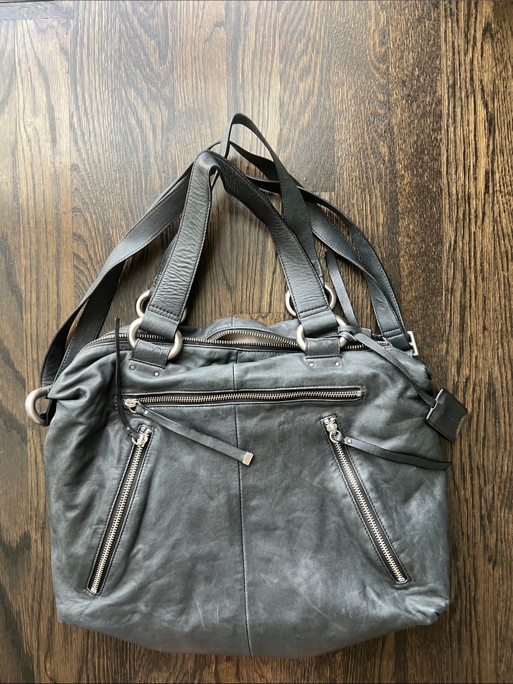 Calvin Klein Charcoal Gray Leather Shoulder Bag with Zip Accents